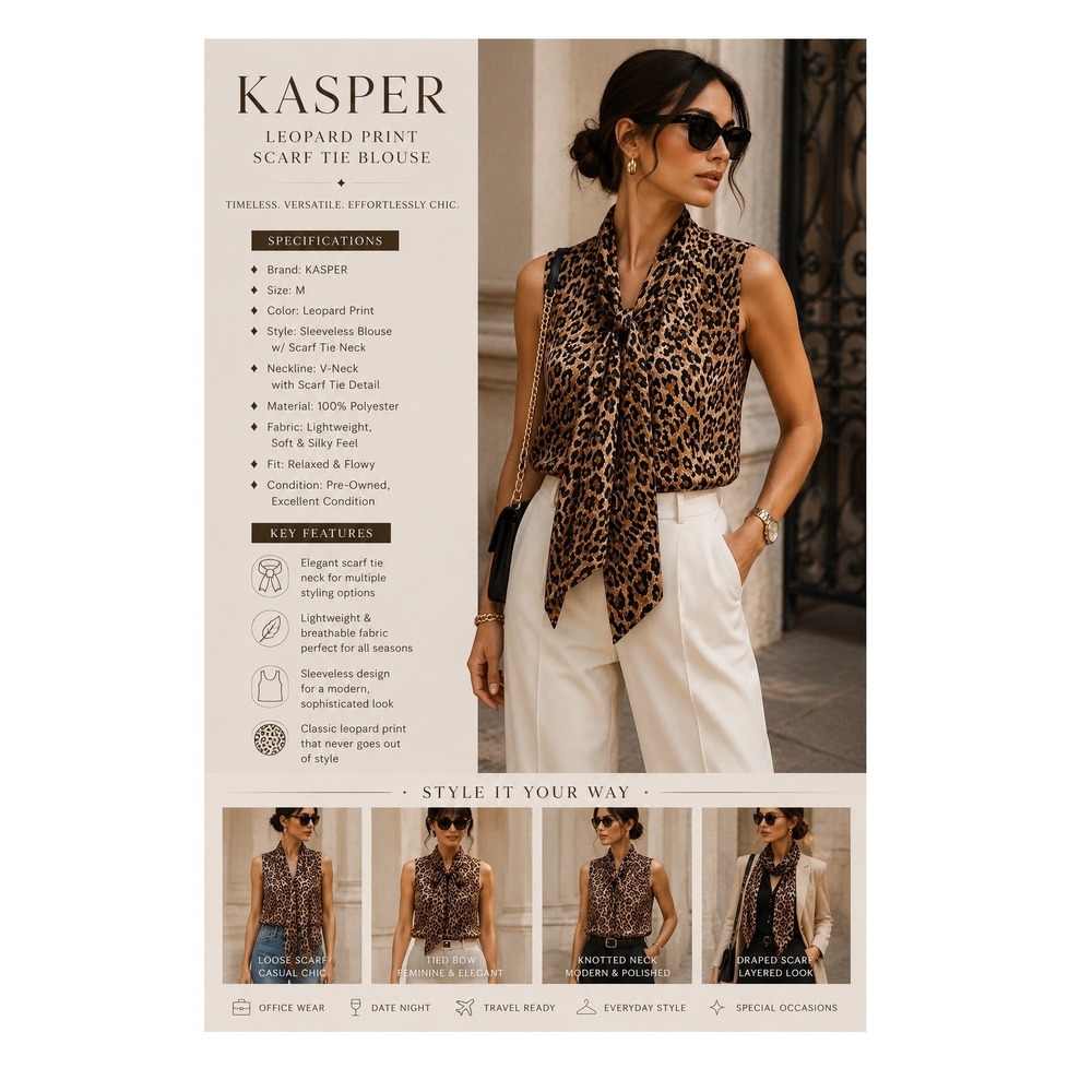 Kasper Leopard Print Sleeveless Blouse Scarf Tie Top Chic Career M